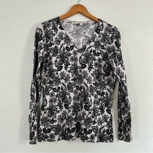 Loft Grey Black Paisley Soft Lightweight V-Neck Sweater Large